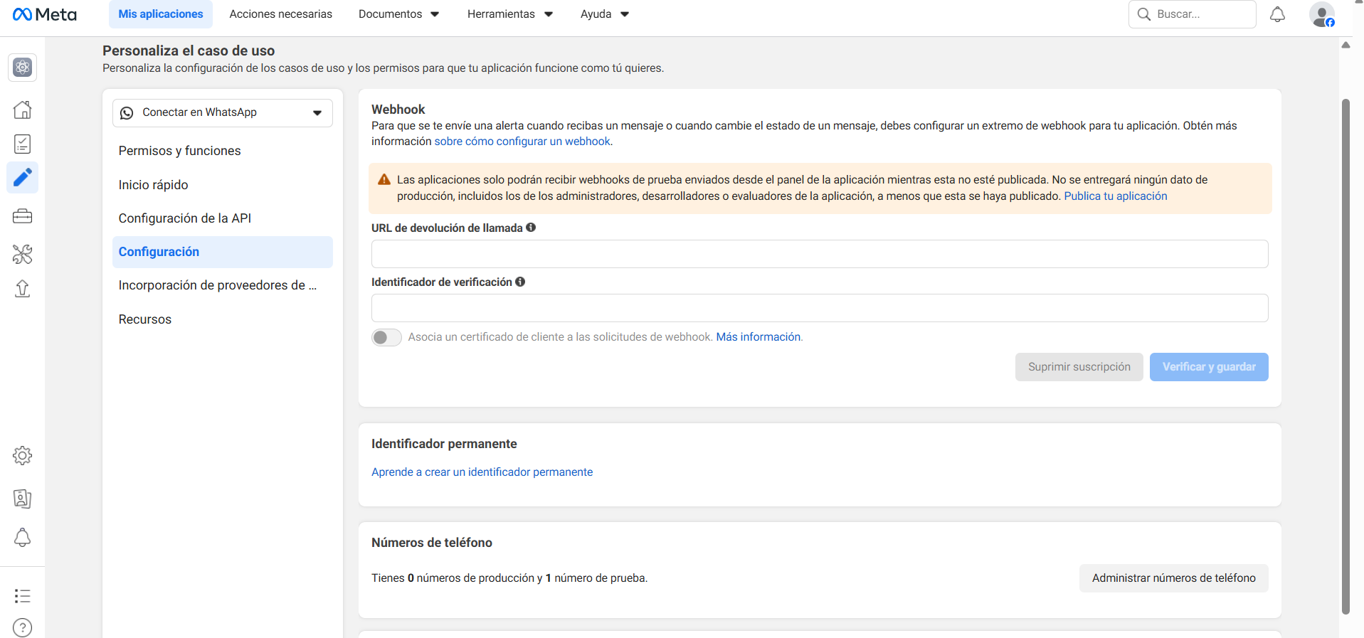 Sección Webhook con campos vacíos